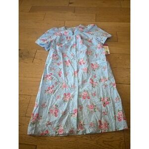 Lady‎ Manhattan Vintage Floral House Dress Blue Pink Rose Snap Front Med (1136)